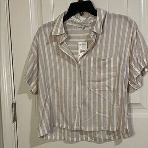 Love Tree Beige and White Striped Button-Up Crop Shirt